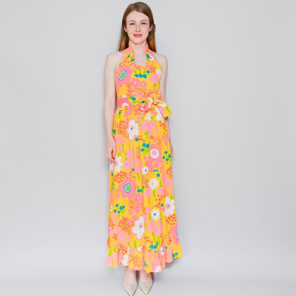 VINTAGE Bright Floral Maxi Wrap Halter Dress XS/S